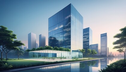 Fototapeta premium A Stunning Modern Glass Skyscraper Surrounded by Lush Greenery and a Reflecting Pool at Sunrise in a Vibrant Urban Cityscape Environment