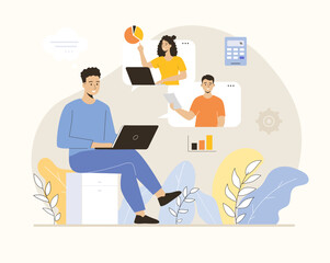 Video conference at laptop. Virtual collaboration and cooperation, partnership. Flat vector illustration.