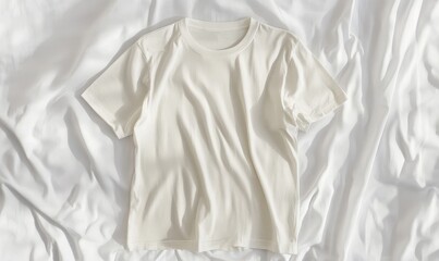 Obraz premium A Soft, Crisp, Off-White T-Shirt Rests Gently on a Luxurious White Bed Sheet, Capturing a Sense of Effortless Style and Calm.