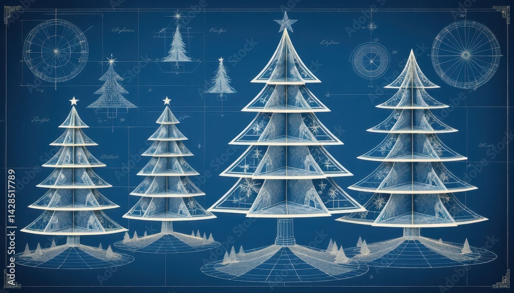 Poster Blueprint-Style Illustration of Geometric Christmas Trees in Varying Sizes on Dark Blue Background with Detailed Wireframe Designs and Patterns
