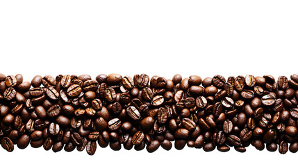 Fototapeta premium Row of freshly roasted coffee beans isolated on white background creating space for text and design