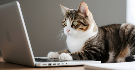 Cat laptop pet animal feline tabby domestic cute computer work office home technology adorable kitty friend indoor
