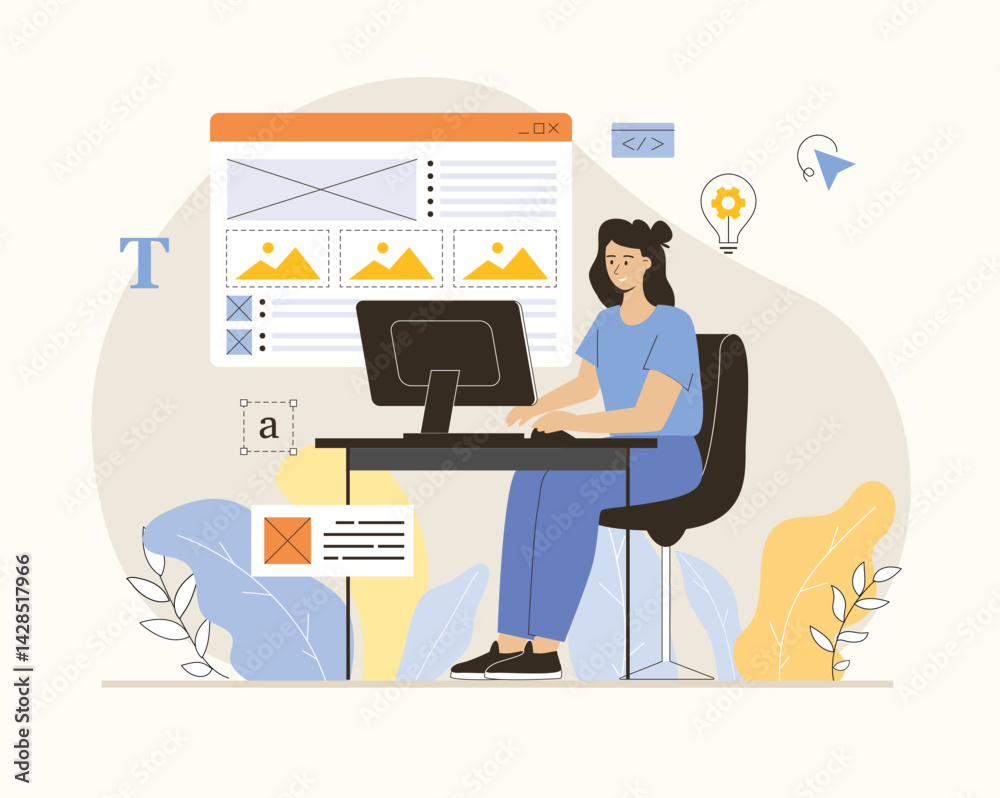 Wall mural web development concept. sites creation and optimization, content filling. woman work with site mock