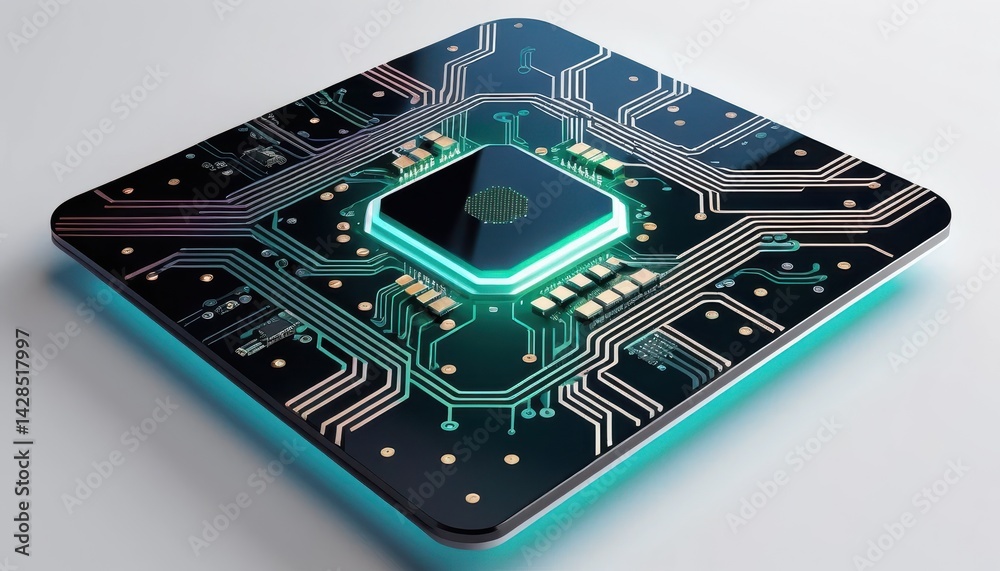 Aufkleber Close-Up View of a Digital Microchip CPU with Intricate Circuitry Illuminated by Teal Accent Light Highlighting Modern Technological Design Features