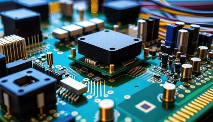 Obraz premium Close-up View of a Complex Electronic Circuit Board with Integrated Circuits Resistors Capacitors and Other Components Captured in High Detail Quality Format