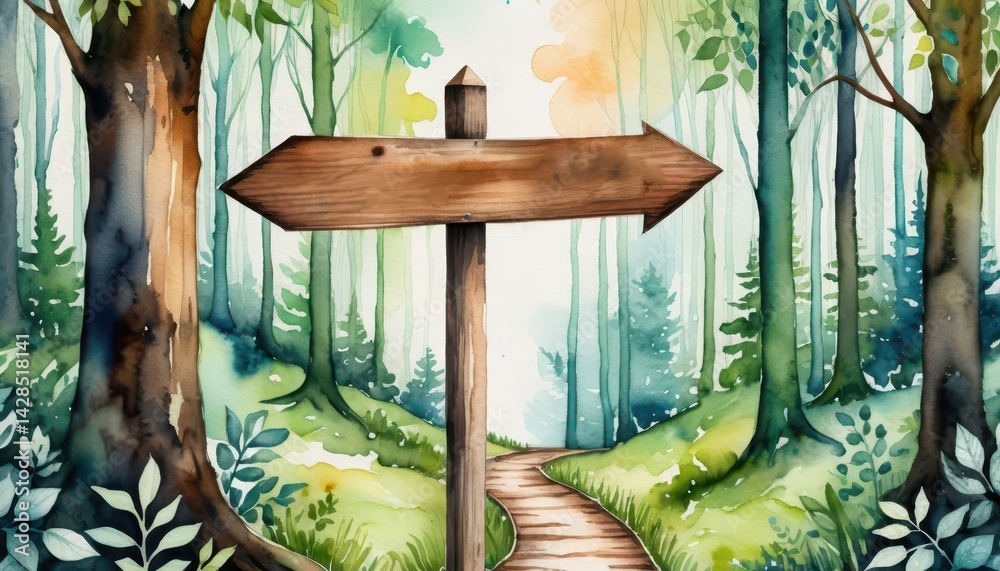Poster watercolor painting of a rustic wooden signpost with two blank arrows at a fork in a winding path th