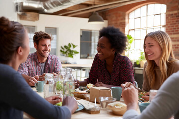 A candid moment of team bonding over lunch in a friendly workplace environment.