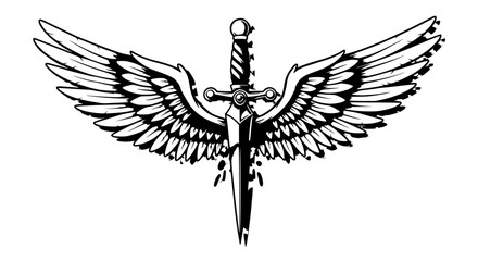 Winged dagger piercing through wings tattoo style grayscale with red blood representing sacrifice or betrayal.
