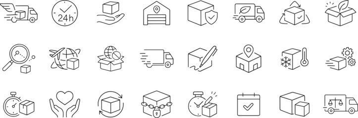 Shipping fulfilment trust line icon set. Vector pictograms of delivery, logistics, packaging, warehouse, tracking, pickup location, stopwatch, calendar, thin linear illustration.