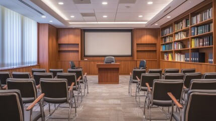 Fototapeta premium Modern training room featuring a podium in focus, surrounded by a minimal furniture layout, large bookcase, and pull-down screen