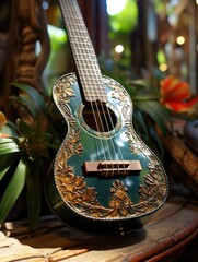 A close up of an ornate green ukulele with floral designs resting on a wooden surface with plants around