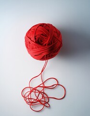 Red yarn ball on white surface with tangled thread