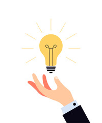 Chwytanie inspiracji - dłoń i żarówka. Wektorowa ilustracja biznesowa z żarówką symbolizująca kreatywność, innowację i moment olśnienia, idealna do materiałów o przedsiębiorczości i rozwoju osobistym. © Monika