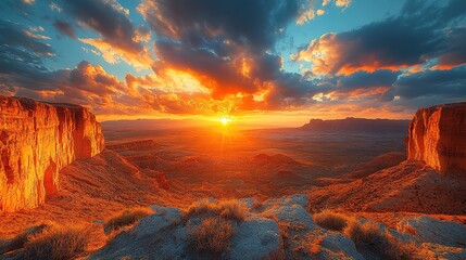 Fototapeta premium Dramatic Sunset Over Desert Canyon with Fiery Clouds and Golden