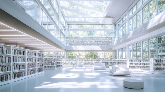Spacious modern public library with open floor plan, minimalist white shelves, and large windows flooding the space with natural light