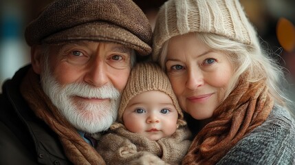 Obraz premium Elderly couple embraces a baby in warm attire, radiating love and connection
