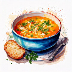 Delicious Bowl of Soup with Crusty Bread, Watercolor Style