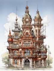 Naklejka premium Watercolor painting of a grand european building with clock towers and intricate architectural details