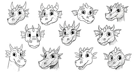 Fototapeta premium Dragon face expressions collection with various emotional and playful cartoon character designs for creative projects vector illustration 