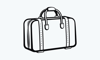 Vintage travel bag silhouette, A black and white line art drawing of a vintage canvas travel bag with leather trim