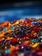 Obraz premium Close up shot of colorful lei with metal rings and blurred blue background in soft focus lighting