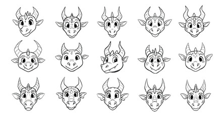 Fototapeta premium Cartoon cow faces with various expressions and horn styles vector illustration for character design and animation 