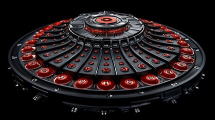 Obraz premium Futuristic circular device with red accents and intricate design elements