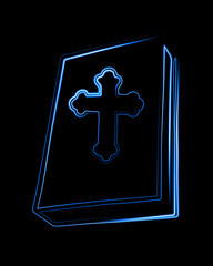 Vector isolated illustration of a bible with neon effect. Book for prayer. Church attribute.