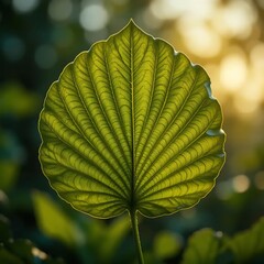 Close-up of Vibrant Green Leaf with Detailed Veins in Soft Sunlight