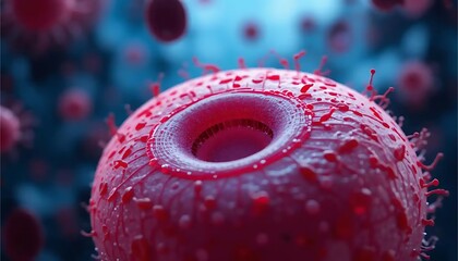 Close-up of Virus Cell with Spikes and Hole on Pink Surface