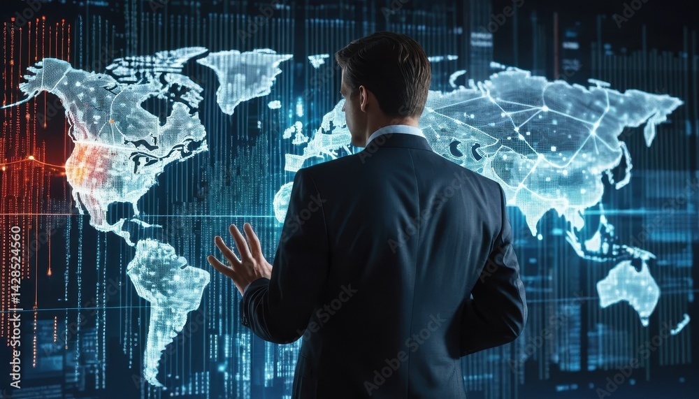 Leinwandbilder Businessman Engaged with Large Digital Screen Showcasing Glowing World Map with Interconnected Nodes as Data Presentation and Networking Tool