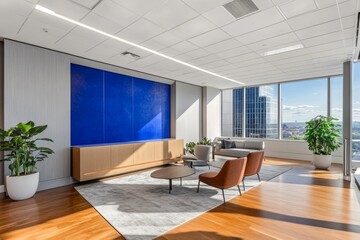 Modern, spacious office lounge area with city views