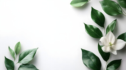 Elegant white flower and green leaves horizontal pure white background nature aesthetic minimalist view