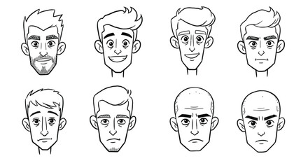 Male face expressions vector set showing different emotions and hairstyles in black line art style 