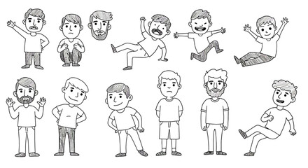 Naklejka premium Cartoon children playing and posing in various joyful actions with happy expressions vector illustration 