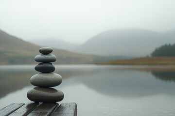 Stones balanced on wooden dock, misty lake and mountains