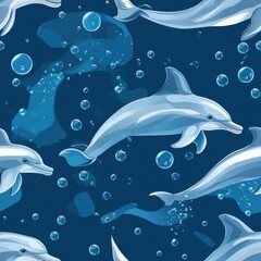 Fototapeta premium Seamless pattern of dolphins swimming underwater with bubbles and flowing water on deep blue ocean background