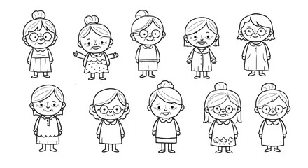 Cute senior women cartoon characters vector set with various hairstyles and glasses in simple black and white line art 