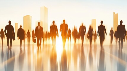 Fototapeta premium Silhouettes of business people walking in city at sunrise with motion blur, urban workforce and corporate success concept