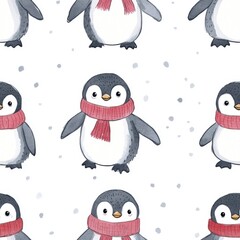 Fototapeta premium A delightful seamless pattern featuring adorable watercolor baby penguins wearing cozy red scarves, surrounded by falling snowflakes.