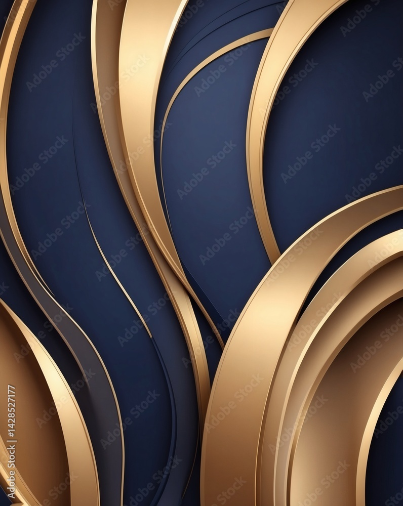 Poster abstract gold lines on blue background. The gold lines are curved and flowing, creating a dynamic and modern design. The blue background is a rich and sophisticated shade.