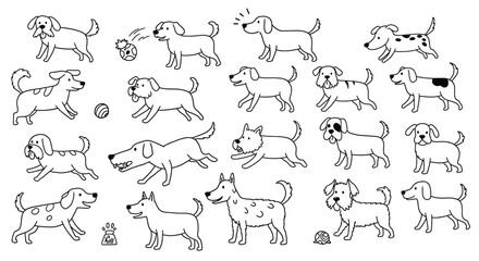 Cute cartoon dogs in various playful poses vector line art illustration for fun and pet themed designs
