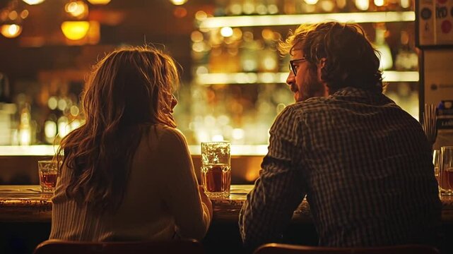 Intimate evening at a cozy bar with a couple enjoying drinks and soft lighting ambiance