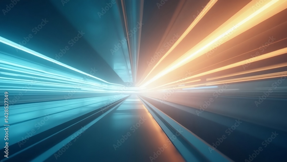 Poster abstract blurred motion of light streaks in futuristic tunnel with light speed glow effect
