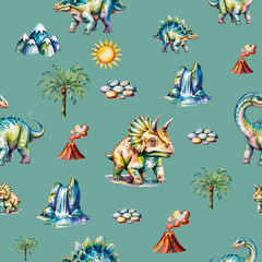 Colorful seamless pattern featuring dinosaurs, volcanoes, mountains, and tropical elements set against a light green background