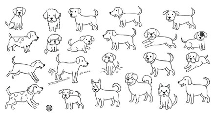 Obraz premium Various Dog Breeds Line Art Vector Illustration with Playful and Relaxed Poses for Pet and Animal Themes 