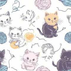 A whimsical seamless pattern features sketched cartoon kittens playing with balls of yarn in pastel shades on a white background.