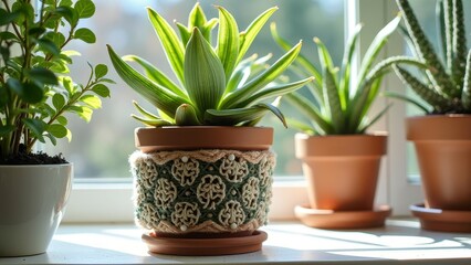 Fototapeta premium Sunlit succulents in knitted pot cover by window with clay pots