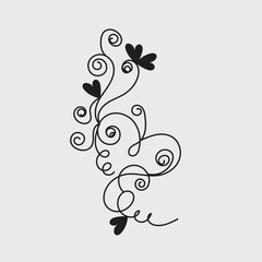 Elegant Black Floral Design with Swirls and Hearts