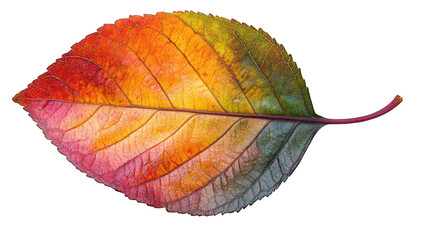 A colorful autumn leaf, exhibiting a rich palette of fall hues against a black background.